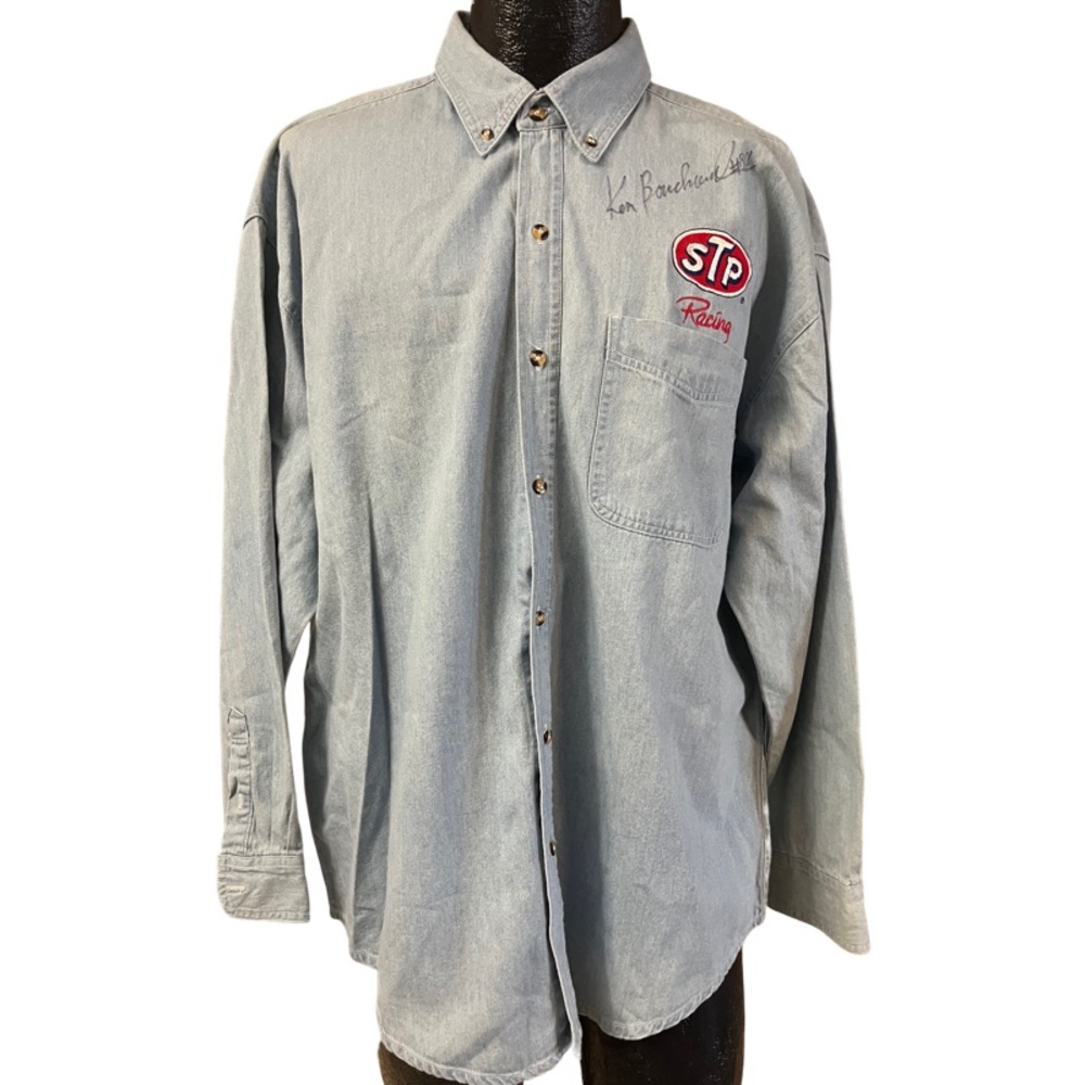 Ken Bouchard Signed Stp Racing Vintage NASCAR Button Up Denim Jean Shirt